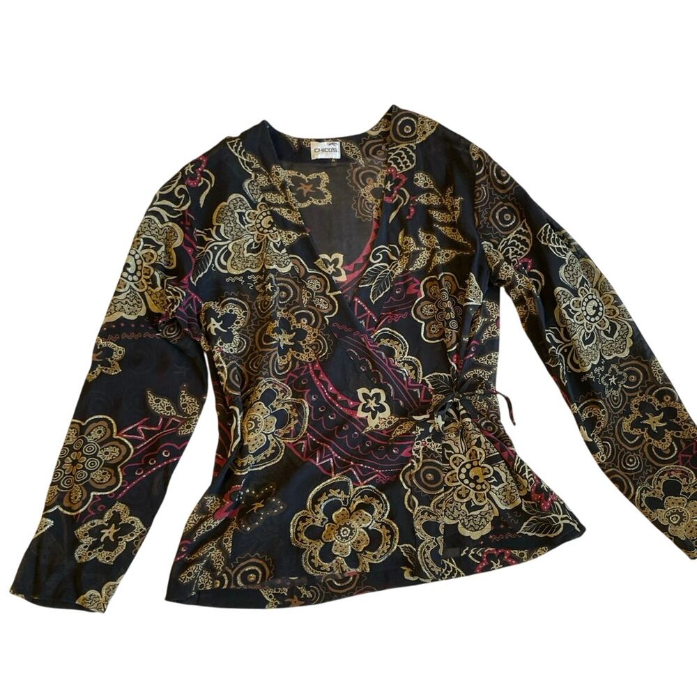Chico’s Retro Boho Y2K Style Floral Black Pink & Gold Wrap Long Sleeve Top Large
